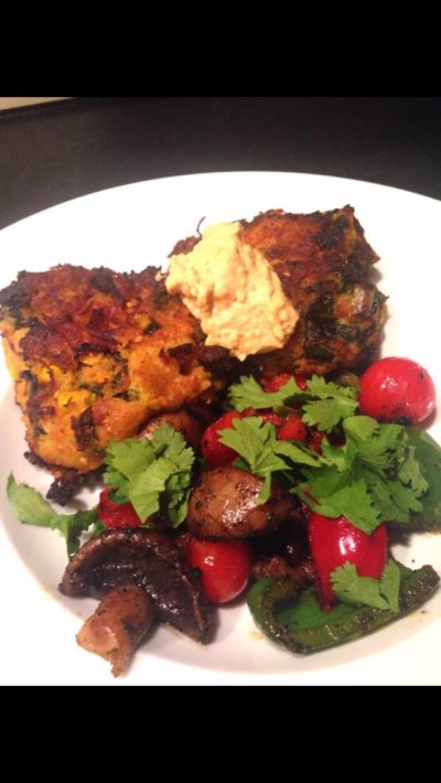 Cauliflower Red Onion Sweet Potato Kale Chilli Sesame Seed and Sweetcorn Fritters with Vegetables and Hummus