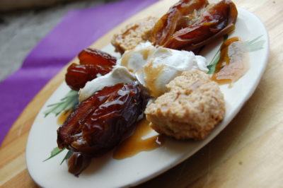 Medjoule Dates with Cream Cheese and Sherry Vanilla Sauce and Biscotti