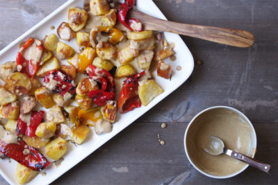 Roast Potatoes with Peppers, Garlic and Creamy Tahini Sauce