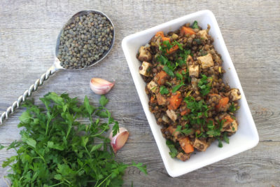 Warm lentil salad with smoked tofu