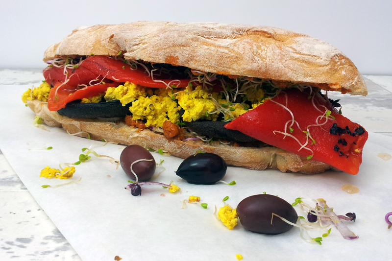 Grilled portobello-mushrooms and tofu scramble ciabatta