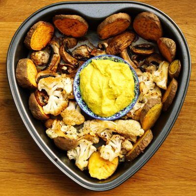Vegan golden hummus with tamari baked veg dippers