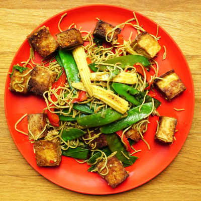 sweet and sour tofu with edamame noodles