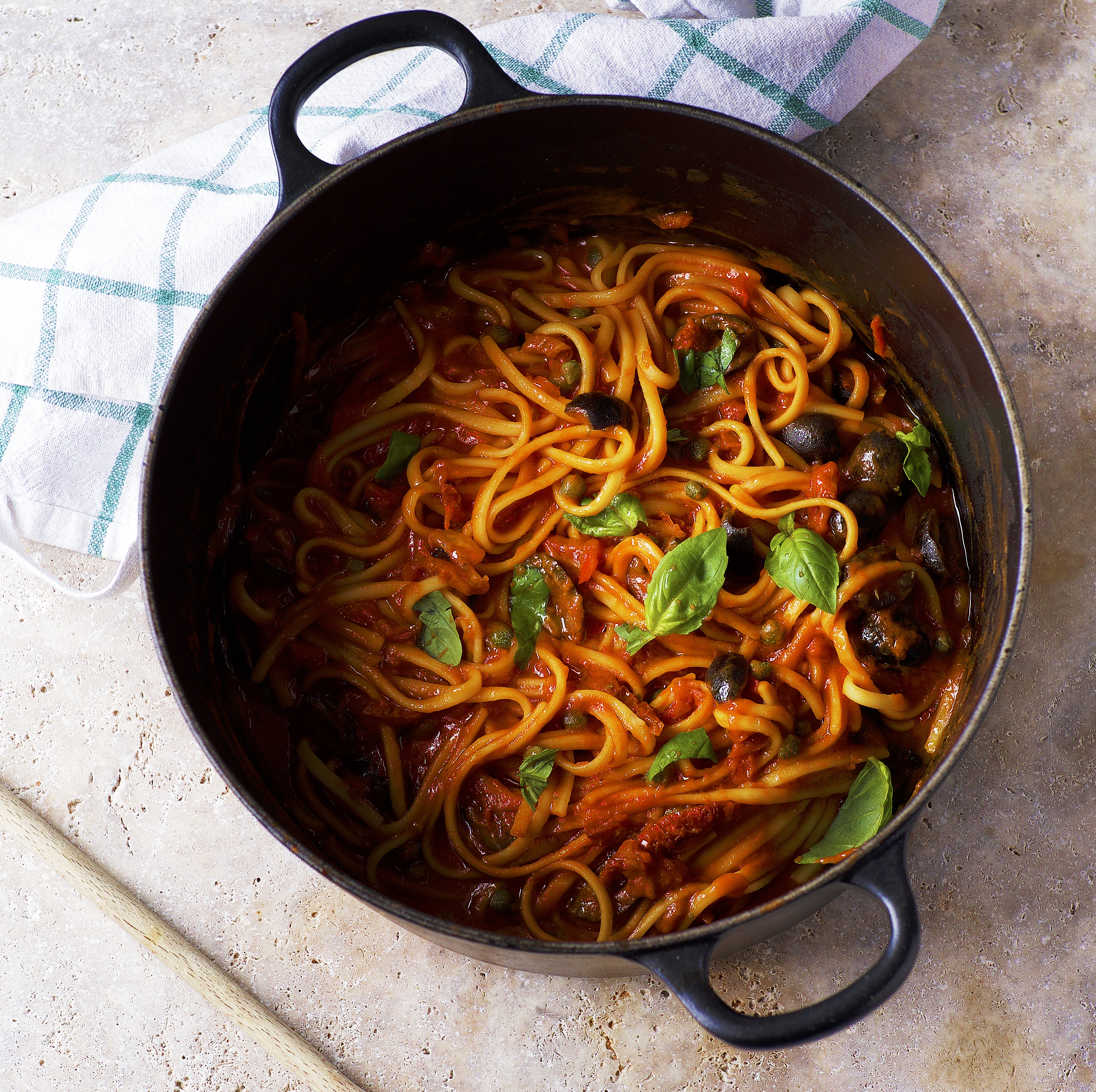 One-pot linguine with olives, capers and sun-dried tomatoes