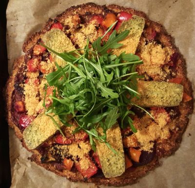 Vegan Roast veg pesto tofu cauliflower pizza