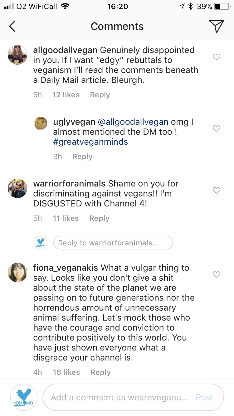 channel 4 receives responses from vegans