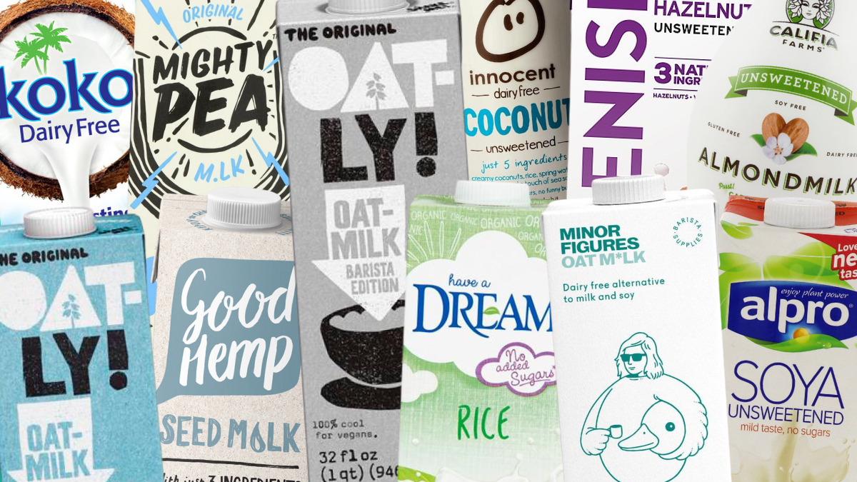 A collage of the various plant milks available. Which is the best vegan milk for tea? Our guide assesses each one.