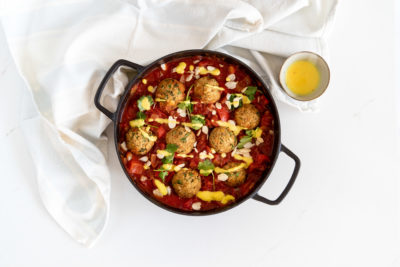 Vegan herby falafels in shaksuka