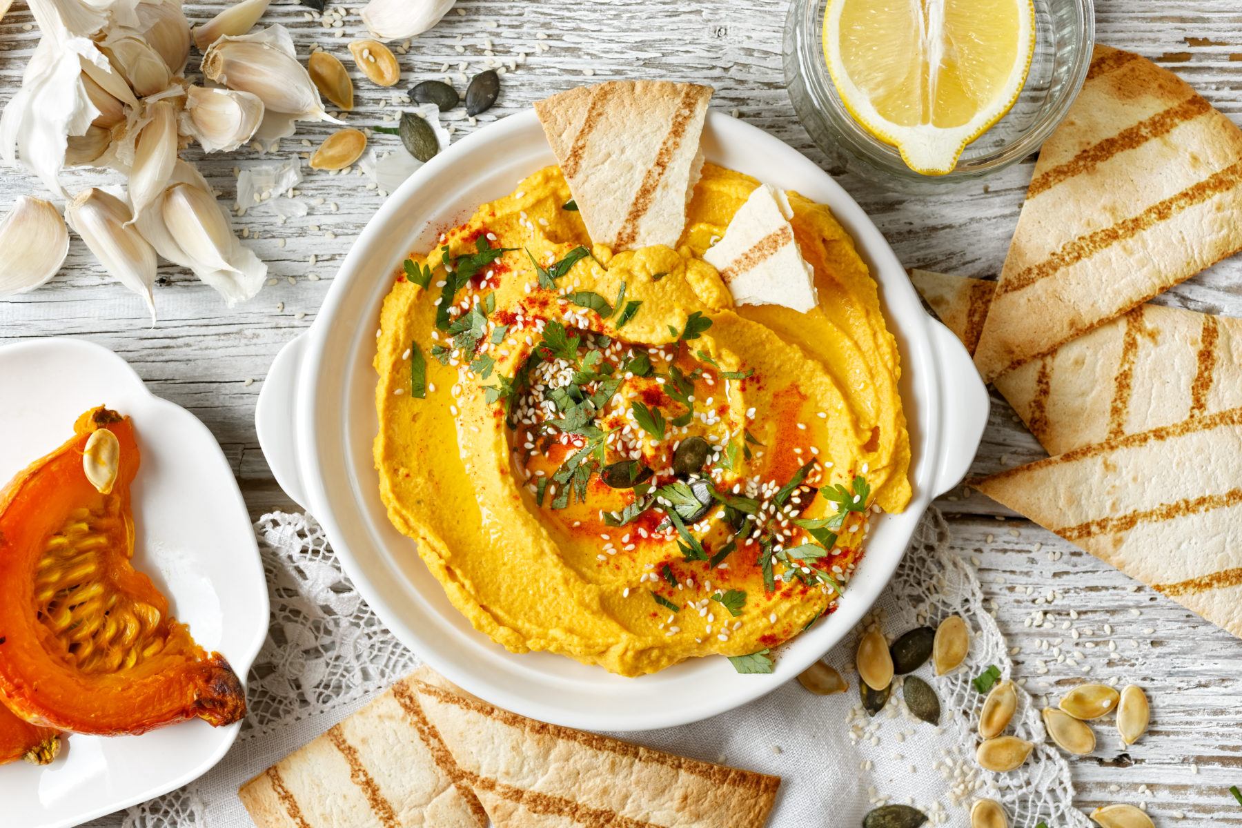 Vegan pumpkin and basil pesto hummus