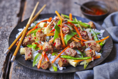 Quorn vegan fillets and szechuan noodles