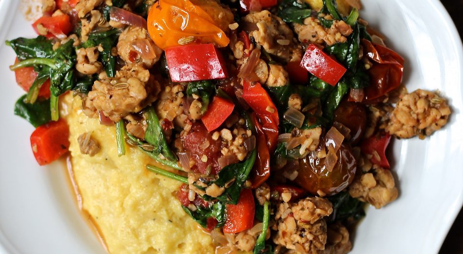 Tempeh Sausage and Heirloom Tomatoes over Black Pepper Cheezy Polenta