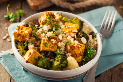 Homemade Quinoa Tofu Bowl with Roasted Veggies and Herbs