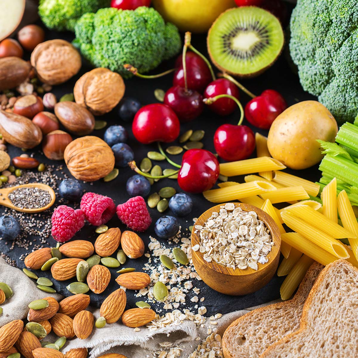 Flatlay of plant-based foods