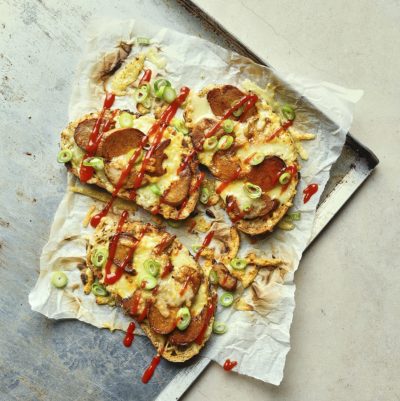 Vegan chicken topped cheese on toast