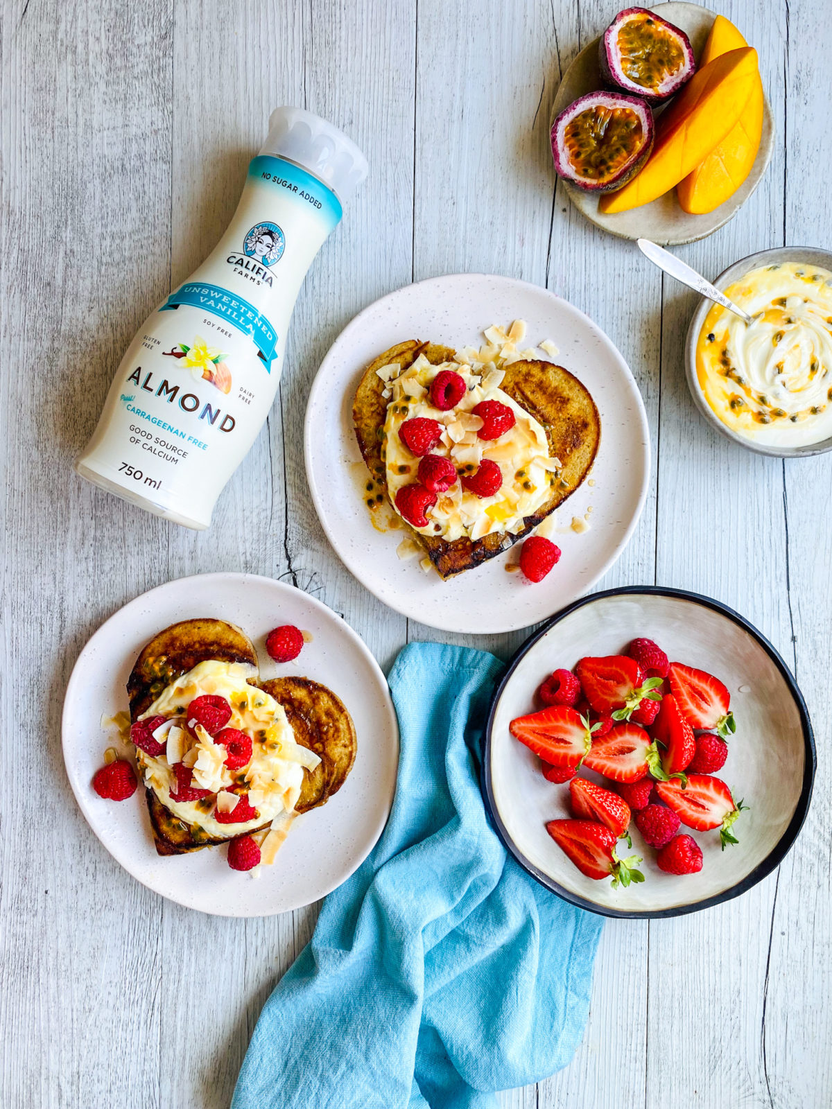 Raspberry, vanilla, coconut & passionfruit pancakes