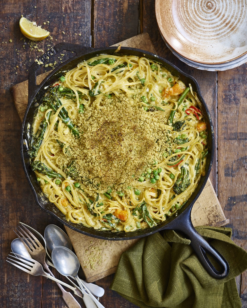 Baked Creamy Linguine With Pesto Breadcrumbs