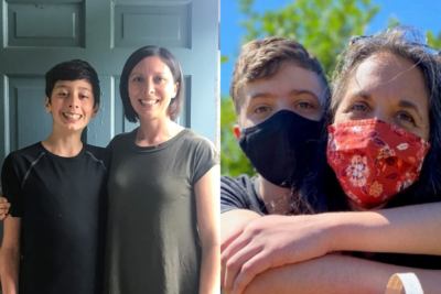 two side-by-side images of mothers with their children