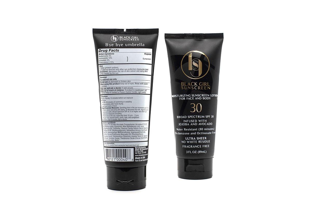 Front and back view of vegan Black Girl Sunscreen SPF 30 black tubes on white background