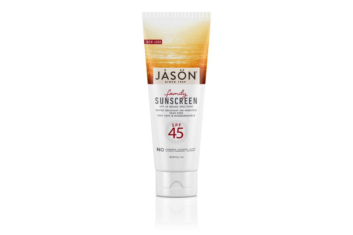 White tube vegan Jason Family Sunscreen SPF 45 on white background