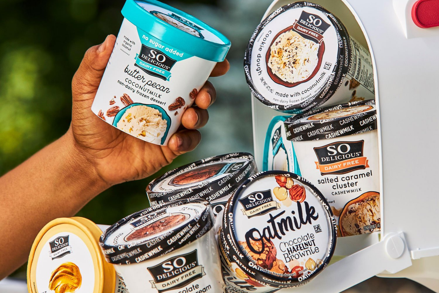 A hand taking a pint of So Delicious Dairy-Free Butter Pecan Non-Dairy ice cream out of a mailbox from which a variety of other pint flavors are spilling out