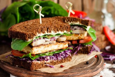 vegan sandwich with tofu and vegetables