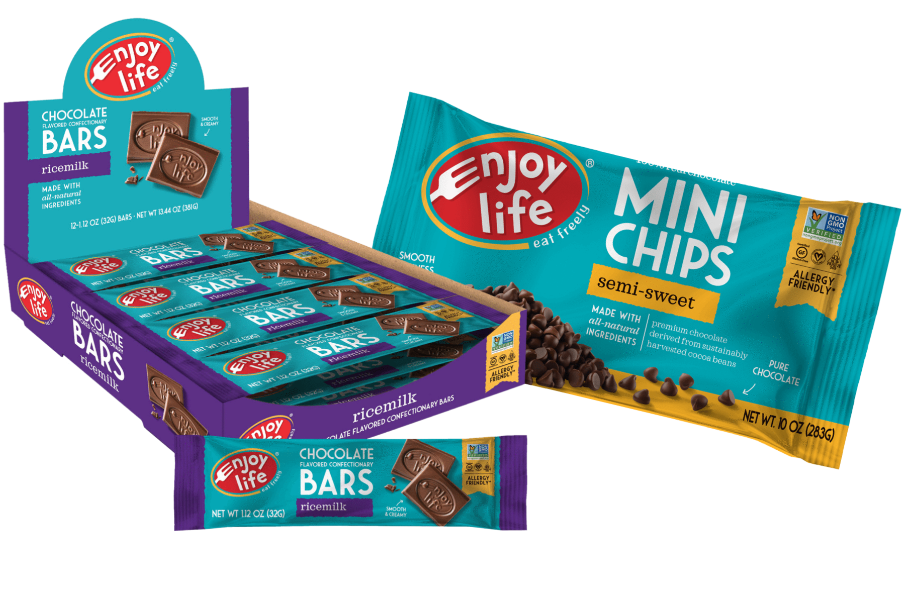 A display of Enjoy Life chocolate bars and a bag or semi-sweet mini chips