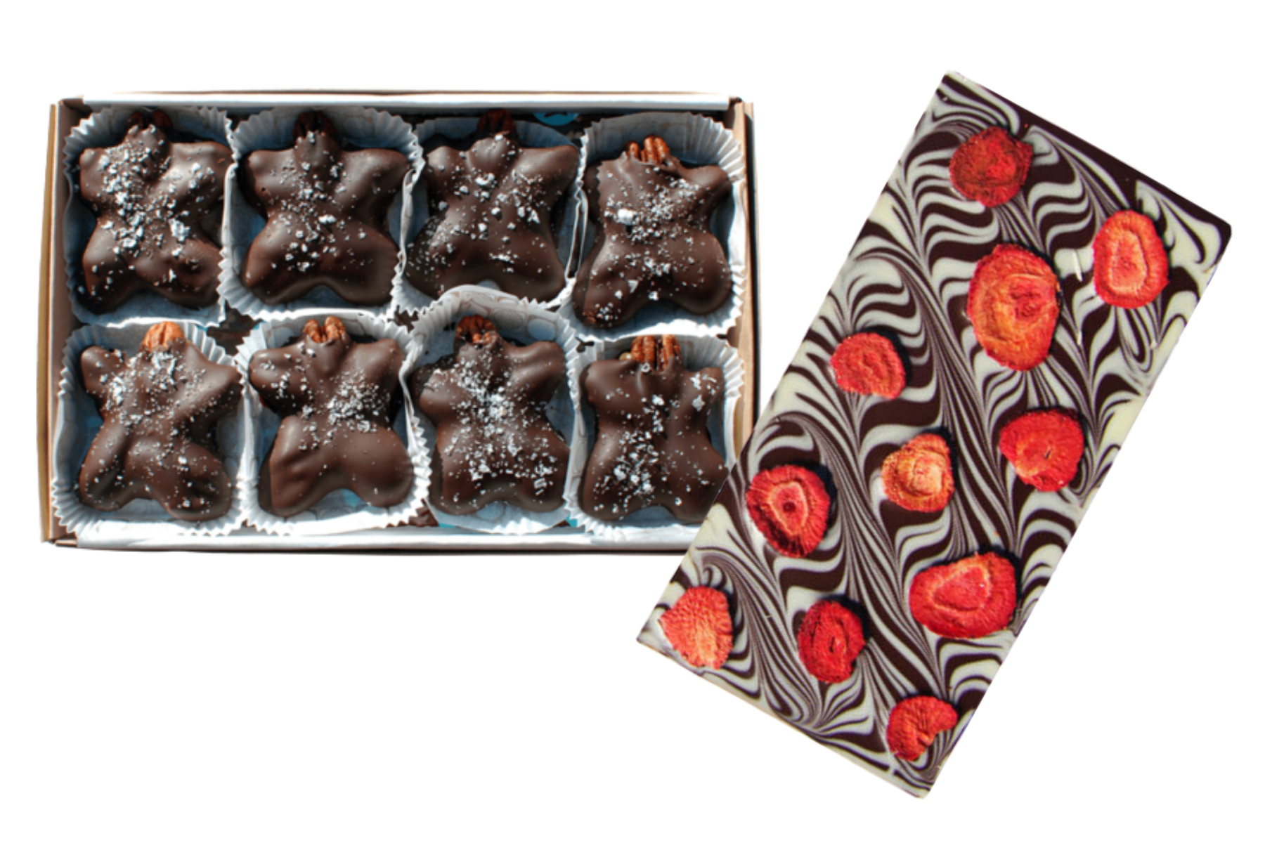 Lagusta's Luscious vegan chocolate turtles and a chocolate bar with dried strawberries