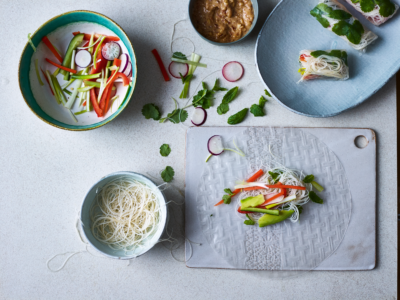 RAINBOW VEG ROLLS WITH PEANUT DIPPING SAUCE