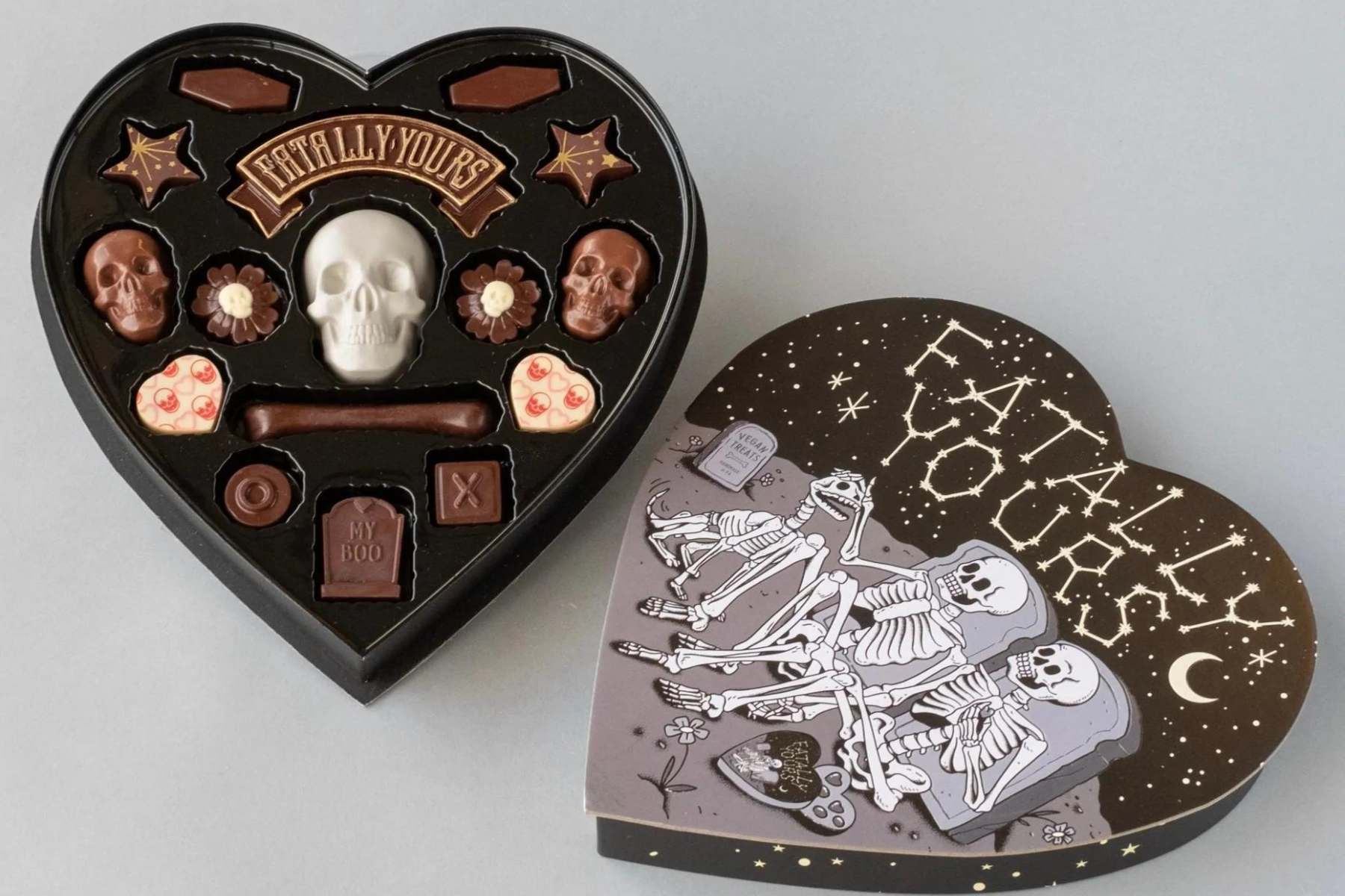Vegan Valentines Gift idea: a box of chocolate lays open and the lid reads "fatally yours"