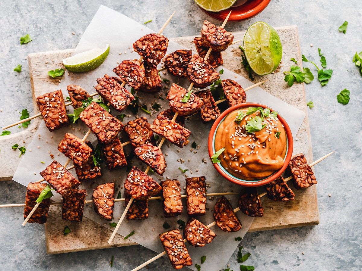 Vegan tempeh skewers - tempeh is a high-protein, low-fat vegan food