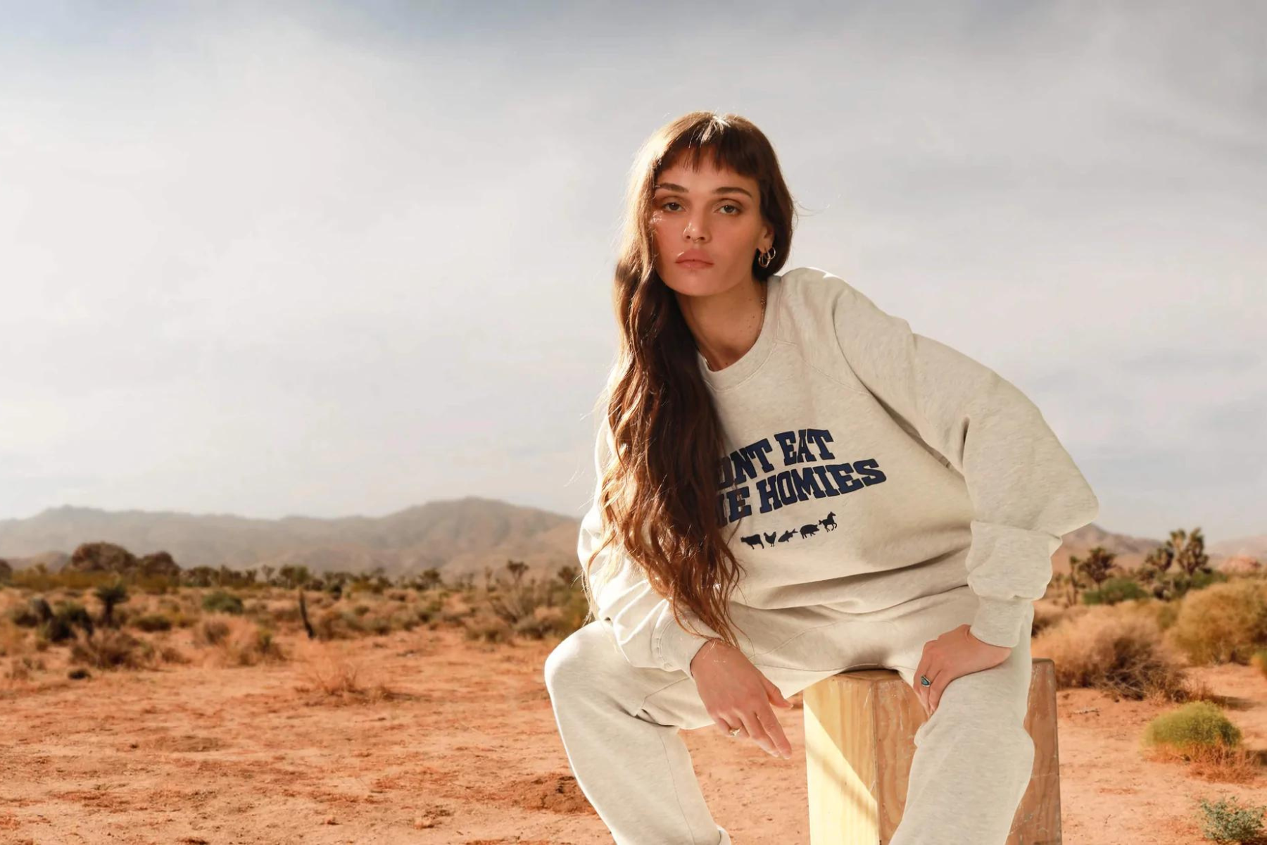 Vegan Valentines gifts idea: A person sits in the dessert with a nude matching lounge set by Don't Eat the Homie