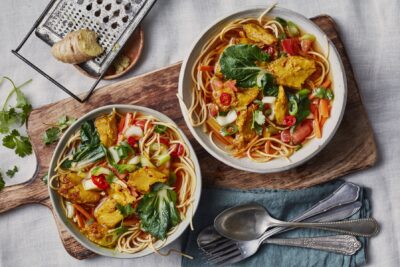 Spicy Noodle Soup with Vegan Chicken Chunks