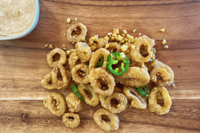 A pile of breaded vegan calamari