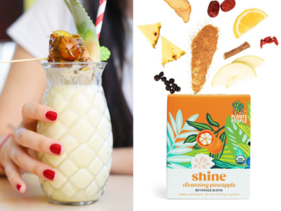 a detoxing pina colada in a pineapple shaped glass