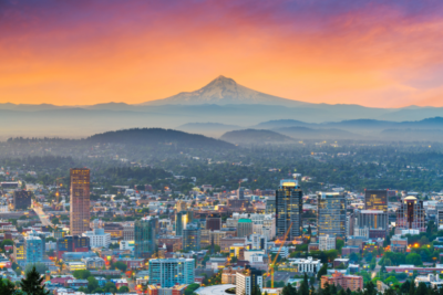 Portland city skyline with mountains in the background