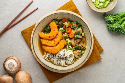 Vegan Zeastar Noodle Soup with Bimi and Crispy Lemon Shrimp