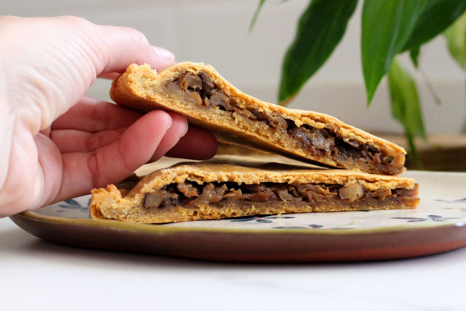 Empanada gallega de setas y cebolla caramelizada corte