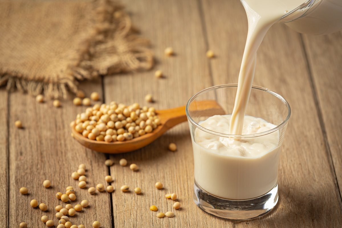 Soya milk being poured into a glass